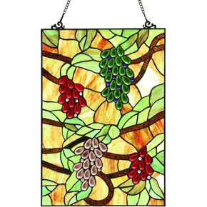 Bieye W10065 Grape Tiffany Style Stained Glass Window Hanging Panel, Rectangular Shape, 13.5" W x 19.5" H