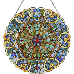 RIVER OF GOODS 24" H Tree of Life Stained Glass Window Panel, Green, Orange