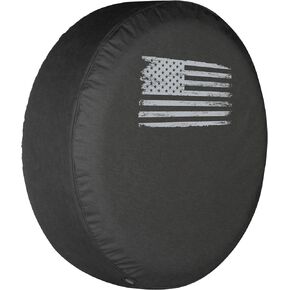 26" Distressed American Flag - Spare Tire Cover - (Black Denim Vinyl) - Silver Print - Made in The USA