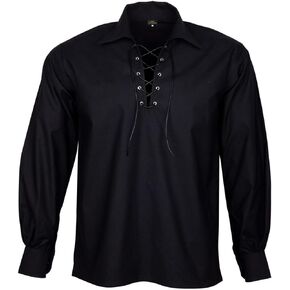 Kilt Emporium Men's Jacobite Ghillie Shirt for Kilts Medieval Renaissance Pirate Costume - Long Sleeve Leather Tie
