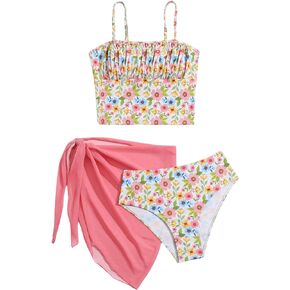 WDIRARA Girl's 3 Pieces Floral Print Ruched Bikini Swimsuit Bathing Suits with Tie Side Beach Skirt