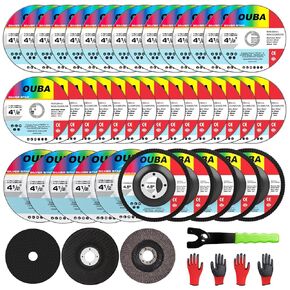 OUBA Cut Off Wheel & Grinding Wheel Flap Disc 43PCS 4 1/2 Inch Angle Grinder Discs Including Cutting wheels, Grinder Disc, Sanding Disc & Wrench 4.5inch x 7/8" Arbor Metal Stainless steel Cut Off Disc