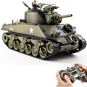 1/18 RC Tank, 2.4Ghz US M4A3 Sherman Remote Control Model Army Toys, 15 Channel RC Vehicle with Smoke, Light, Sound, and Recoil, Military Tank for Kid and Adult That Shoots BBS and Water Bombs
