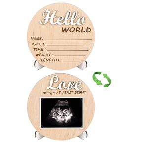 Great Pregnancy Gift Double Sided 3D Baby Announcement Sign, Ultrasound Photo Frame. Neutral Baby Gifts, Newborn Sign For Hospital, Hello World Sign. Gift For New Parents Ultrasound Keepsake.