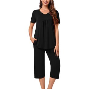 Aodemo Womens Summer Pajama Sets Pleated Sleepwear Ladies Short Sleeve Nightwear Capri Pants Pjs Lounge with Pockets