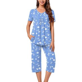 Aodemo Womens Summer Pajama Sets Pleated Sleepwear Ladies Short Sleeve Nightwear Capri Pants Pjs Lounge with Pockets