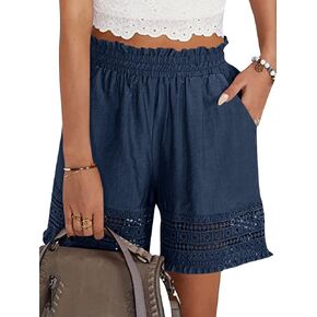 Shorts for Women Casual Elastic Waist Yoga Lounge Shorts Comfy Stretch Lace Trim Summer Beach Linen Ruffle Shorts in Saudi Arabia