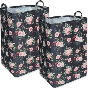 AMROSE 2 Pack Square Baby Laundry Hampers, 24'' Large Canvas Nursery Laundry Hamper Basket for Girls, Nursery Storage Hamper for Laundry, Toys, Clothes, Navy Floral
