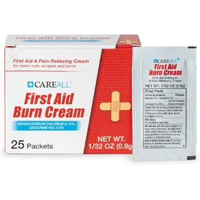 CareAll First Aid Burn Relief Cream 0.9g Packets (Pack of 25) Pain Relieving First Aid Cream for Temporary Relief of Pain from Minor Burns, Cuts, and Scrapes. Prevents Infection