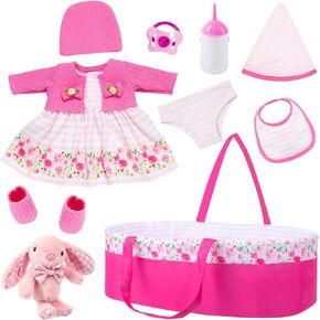 10 Pcs Reborn Baby Doll Clothes with Bassinet for 17-22 inch Baby Doll, Newborn Baby Doll Outfit Clothes Accessories Including Bib Nursing Bottle Rubber Pacifier Hat with Peony Pattern