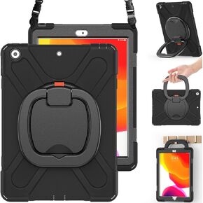 BRAECN iPad 9/8/7 Case,Shockproof Protective Boys Girls Silicone Case with Screen Protector Pencil Holder Pencil Cap Holder Shoulder Strap Handle Grip Stand for iPad 10.2 Inch 9th/8th/7th Gen-Sky Blue