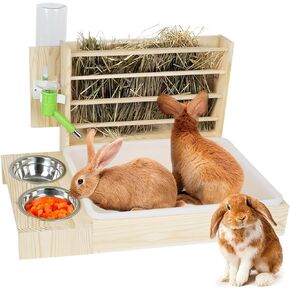 WHXGG 4 in 1 Rabbit Hay Feeder, 500ml Water Bottle, Food Bowl, Litter Box, Foldable, Clean and Healthy