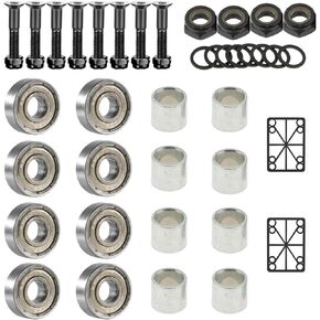 SquEqu 38 Pack Skateboard Bearings 608zz Spacers Speed Washers Repair Nuts Hardware Screws Deck Mounting Allen Bolts Risers Pads Kit Parts Set for Longboard Skateboards Truck Cruiser Long Board