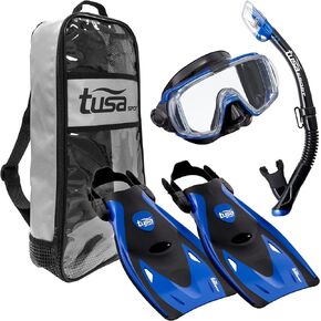 قناع Visio Tri-Ex للبالغين من TUSA Sport Black وأنبوب تنفس جاف وزعانف للسفر،