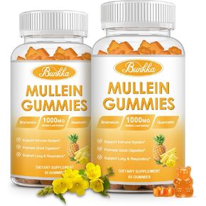 Bunkka (2 Pack) Mullein Leaf Extract for Lung Cleanse, Chewable Mullein Supplement Support Respiratory, Mullein Gummies with Quercetin & Bromelain, D3 for Lung, Digestive Health & Immune