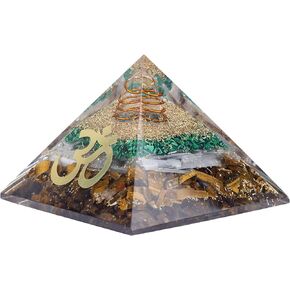 Opulent Crystals - New Beginnings ORGONITE Crystal Pyramid - Malachite, Selenite, Tiger's Eye Crystals w/OM Symbol - Clear Quartz Energy Point Reiki Charged Energy Meditation