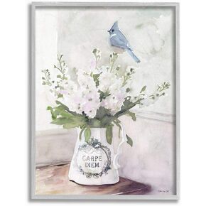 Stupell Industries Blue Cardinal on Spring Bouquet Carpe Diem Watercolor, Stellar Design Studio White Framed Wall Art, 11 x 14