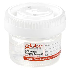 Globe Scientific 6520FL Pre-Filled Click Close Container, 40mL, PP, Filled with 20mL of 10% Neutral Buffered Formalin, Attached Hazard Label, Pack of 96