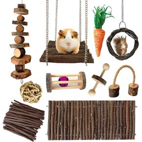 Syhemtya Chinchilla Toys Hamster Chew Toys Guinea Pig Toys Rat Toys Hamster Cage Accessories Small Animal Teeth Care Apple Wooden Accessories Set,Ball Ladder Bridge Swing Roller for Playground