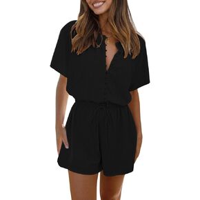 Fixmatti Women Summer Rompers Short Sleeve Button Up One Piece Casual Shorts Jumpsuits in Kuwait