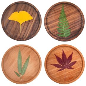 Wooden Leaves Coasters for Drinks - Natural Walnut & Beech Resin Bar Coaster Set of 4 for Desk, Engagement, Bridal Shower, Wedding, Couple, Housewarming Gift