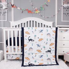 Dinosaur 3 Piece Crib Bedding Set for Baby Boys Girls, Classic Nursery Bedding Essential Including Comforter, Crib Sheet and Crib Skirt, Ultra Soft Cozy, Dino