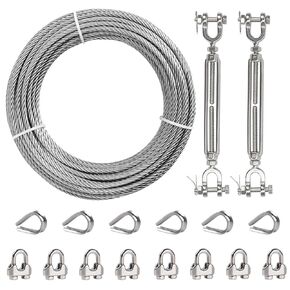 hannger 1/4" Stainless Steel Aircraft Cable 100ft Wire Rope with 2 Turnbuckle, Wire Rope Clamp & Thimble, 7X 19 Strands Marine Grade Stainless Steel Cable, 6400lbs Breaking Strength