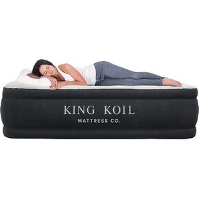 King Koil Luxury Air Mattress 20in Full Size Beige with Built-in Pump for Home, Camping & Guests-Inflatable Airbed Luxury Double High Adjustable Blow Up Mattress, Durable - Portable and Waterproof