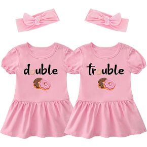 YSCULBUTOL Baby Twins Bodysuit Double Trouble Sweet Donuts Girl Outfits Sister Dresses Infant Romper With Headband Set