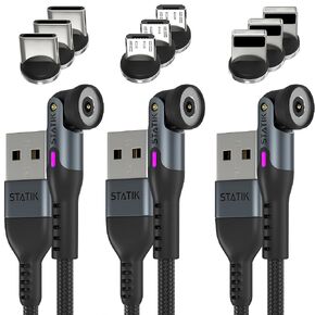 شاحن هاتف مغناطيسي Statik 360 الجيل الثاني | كابل شحن مغناطيسي USB C | كابل شاحن مغناطيسي 3 في 1 | iProduct، كابل شحن مغناطيسي Micro-USB، USB-A وUSB C | أسود، 6FT/2M (3 عبوات)