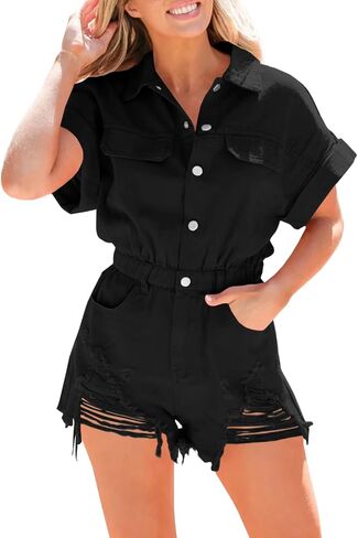 PLNOTME Womens Cap Sleeve Denim Rompers Summer Distressed Button Down Jeans Short Jumpsuits with Pockets in Saudi Arabia