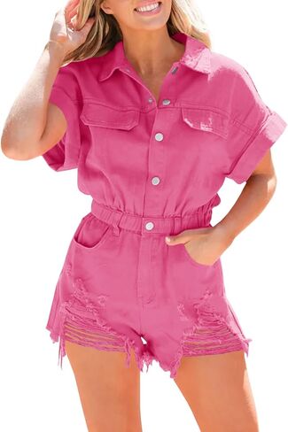 PLNOTME Womens Cap Sleeve Denim Rompers Summer Distressed Button Down Jeans Short Jumpsuits with Pockets in Saudi Arabia