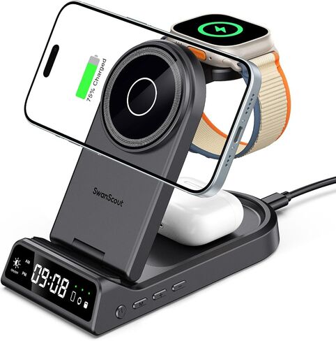 شاحن SwanScout اللاسلكي لهاتف iPhone، شاحن مغناطيسي 3 في 1 لسلسلة iPhone 15/14/13/12، لساعة Apple Watch Ultra 2/9/8/7 وAirPods Pro 2/Pro/3 (قابل للطي، مع ساعة) in Kuwait