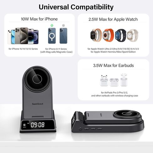 شاحن SwanScout اللاسلكي لهاتف iPhone، شاحن مغناطيسي 3 في 1 لسلسلة iPhone 15/14/13/12، لساعة Apple Watch Ultra 2/9/8/7 وAirPods Pro 2/Pro/3 (قابل للطي، مع ساعة) in Kuwait