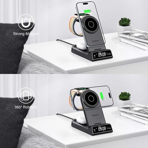 شاحن SwanScout اللاسلكي لهاتف iPhone، شاحن مغناطيسي 3 في 1 لسلسلة iPhone 15/14/13/12، لساعة Apple Watch Ultra 2/9/8/7 وAirPods Pro 2/Pro/3 (قابل للطي، مع ساعة) in Kuwait