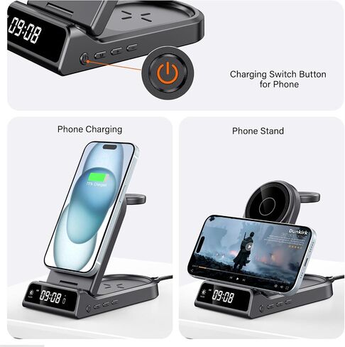 شاحن SwanScout اللاسلكي لهاتف iPhone، شاحن مغناطيسي 3 في 1 لسلسلة iPhone 15/14/13/12، لساعة Apple Watch Ultra 2/9/8/7 وAirPods Pro 2/Pro/3 (قابل للطي، مع ساعة) in Kuwait