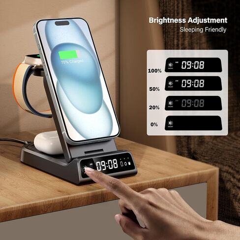 شاحن SwanScout اللاسلكي لهاتف iPhone، شاحن مغناطيسي 3 في 1 لسلسلة iPhone 15/14/13/12، لساعة Apple Watch Ultra 2/9/8/7 وAirPods Pro 2/Pro/3 (قابل للطي، مع ساعة) in Kuwait