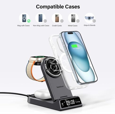 شاحن SwanScout اللاسلكي لهاتف iPhone، شاحن مغناطيسي 3 في 1 لسلسلة iPhone 15/14/13/12، لساعة Apple Watch Ultra 2/9/8/7 وAirPods Pro 2/Pro/3 (قابل للطي، مع ساعة) in Kuwait