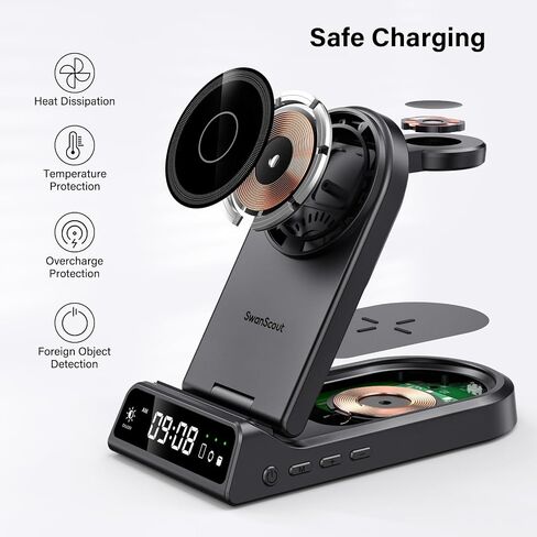 شاحن SwanScout اللاسلكي لهاتف iPhone، شاحن مغناطيسي 3 في 1 لسلسلة iPhone 15/14/13/12، لساعة Apple Watch Ultra 2/9/8/7 وAirPods Pro 2/Pro/3 (قابل للطي، مع ساعة) in Kuwait