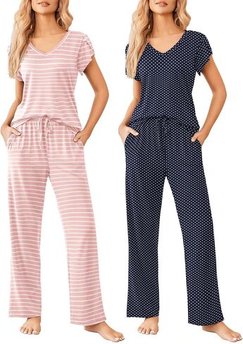 Ekouaer 2 Pack Womens Pajamas Short Sleeve Sleepwear Top with Pants Super-Soft Printed Lounge Sets S-XXL in Saudi Arabia