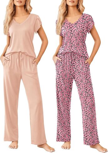 Ekouaer 2 Pack Womens Pajamas Short Sleeve Sleepwear Top with Pants Super-Soft Printed Lounge Sets S-XXL in Saudi Arabia