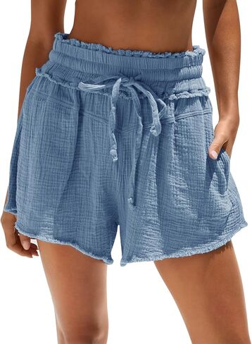 Aoudery Cotton Gauze Shorts for Women Drawstring Pocketed Frayed Shorts Summer Elastic Waist Casual Lightweight Shorts in Saudi Arabia