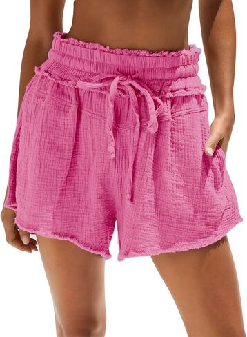 Aoudery Cotton Gauze Shorts for Women Drawstring Pocketed Frayed Shorts Summer Elastic Waist Casual Lightweight Shorts in Saudi Arabia