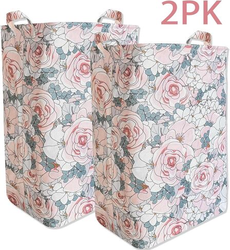 AMROSE 2 Pack Square Baby Laundry Hampers, 24'' Large Canvas Nursery Laundry Hamper Basket for Girls, Nursery Storage Hamper for Laundry, Toys, Clothes, Navy Floral in Saudi Arabia