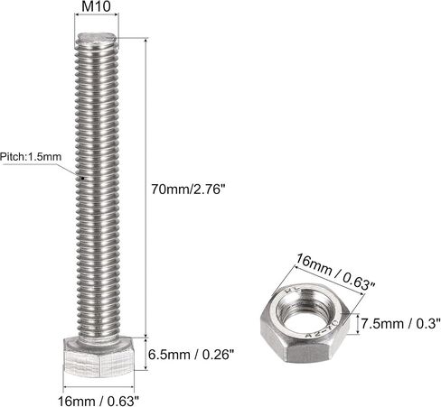 uxcell M10 x 70mm براغي سداسية الرأس، صواميل، مجموعات غسالات مسطحة وقفل، 304 مسامير سداسية من الفولاذ المقاوم للصدأ بالكامل 4 مجموعات in Saudi Arabia