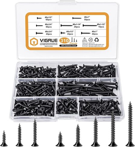 VIGRUE 310 Pcs #6 1/2'' to 1'' #8 1/2'' to 1-1/2'' Wood Screws Black Oxide Coated Stainless Steel Flat Head Phillips Drywall Screw Assortment Kit, Self Tapping Screws Kit in 8 Sizes in Saudi Arabia