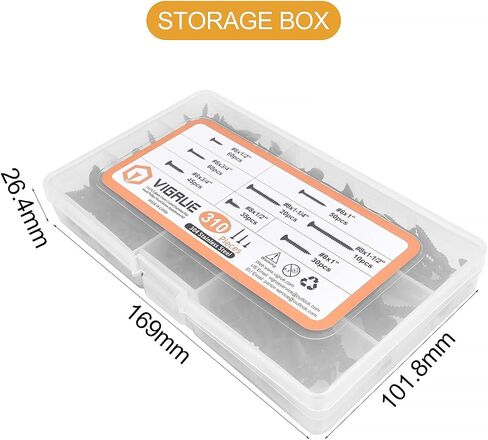 VIGRUE 310 Pcs #6 1/2'' to 1'' #8 1/2'' to 1-1/2'' Wood Screws Black Oxide Coated Stainless Steel Flat Head Phillips Drywall Screw Assortment Kit, Self Tapping Screws Kit in 8 Sizes in Saudi Arabia
