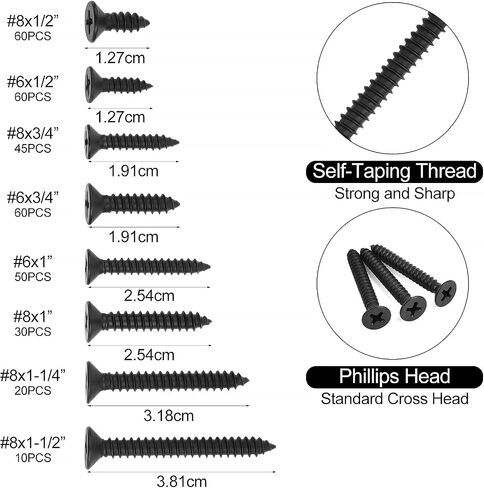 VIGRUE 310 Pcs #6 1/2'' to 1'' #8 1/2'' to 1-1/2'' Wood Screws Black Oxide Coated Stainless Steel Flat Head Phillips Drywall Screw Assortment Kit, Self Tapping Screws Kit in 8 Sizes in Saudi Arabia