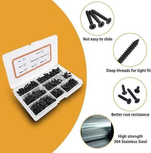 VIGRUE 310 Pcs #6 1/2'' to 1'' #8 1/2'' to 1-1/2'' Wood Screws Black Oxide Coated Stainless Steel Flat Head Phillips Drywall Screw Assortment Kit, Self Tapping Screws Kit in 8 Sizes in Saudi Arabia