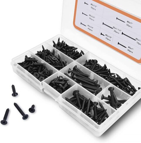 VIGRUE 310 Pcs #6 1/2'' to 1'' #8 1/2'' to 1-1/2'' Wood Screws Black Oxide Coated Stainless Steel Flat Head Phillips Drywall Screw Assortment Kit, Self Tapping Screws Kit in 8 Sizes in Saudi Arabia